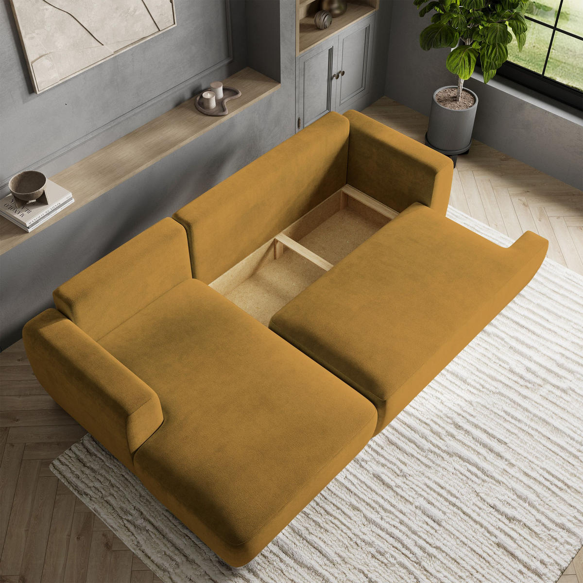 ECKSOFA SENTI K L-S Gelb Plüsch-Stoff mit Schlaffunktion - Gelb, Holz (246/148cm) - MASSENO