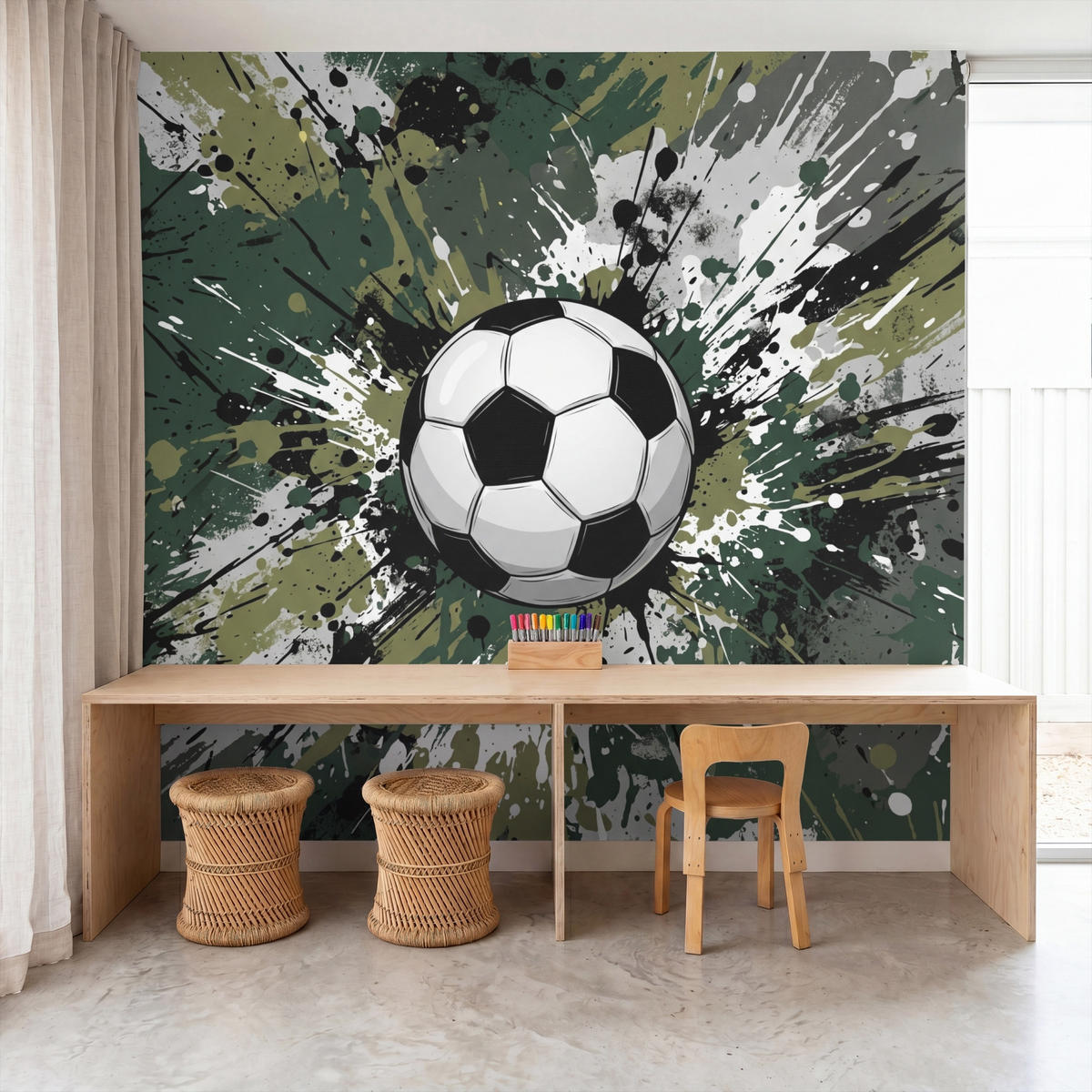 KINDERTAPETE - Fußball - Farbe - Spritzer - Grün - 220x240 cm - Dunkelgrün, Papier (220/240cm) - OnlyWow