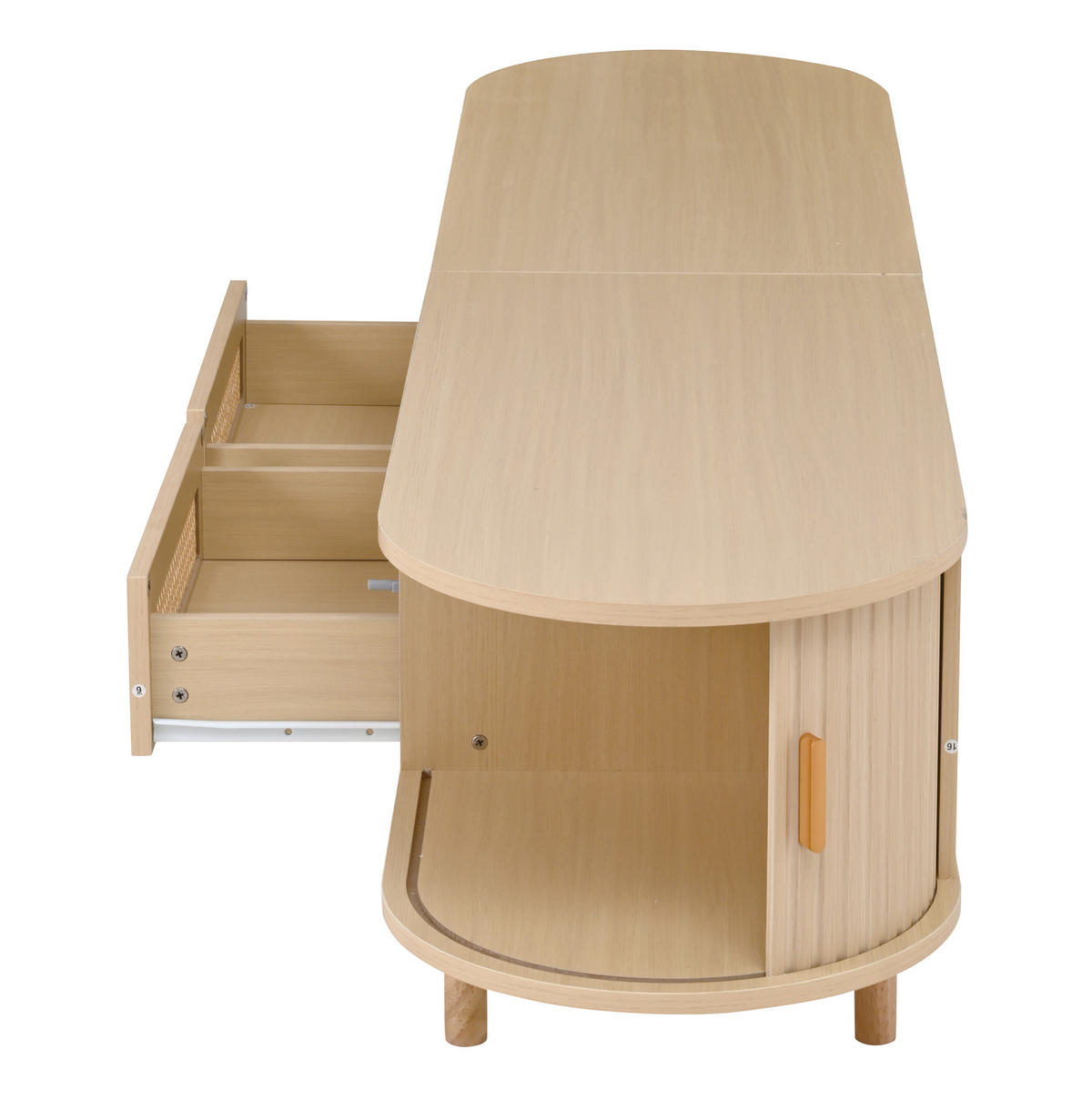 TV stolek 170/40/40 cm se 2 zásuvkami, 2 posuvnými dvířky a ratanovým dekorem, světlý dub - přírodní, kompozitní dřevo (170/40/40cm) - Redom