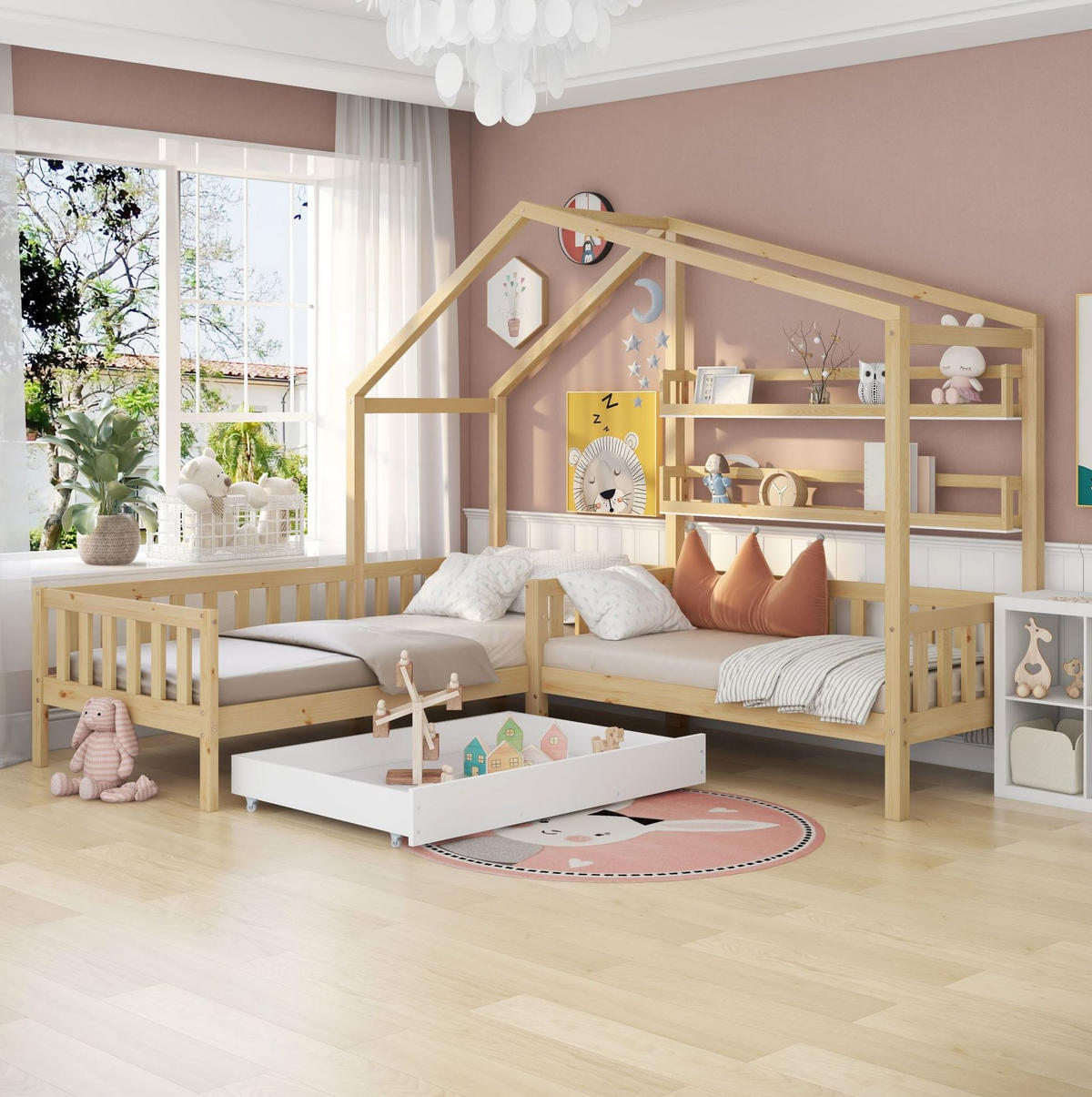 KINDERBETT aus Kiefernholz 90x200 cm+140x70 cm Natur mit Schublade, Regalen und Lattenrost in L-Form - Naturfarben, Holz (90/200cm) - Modfu