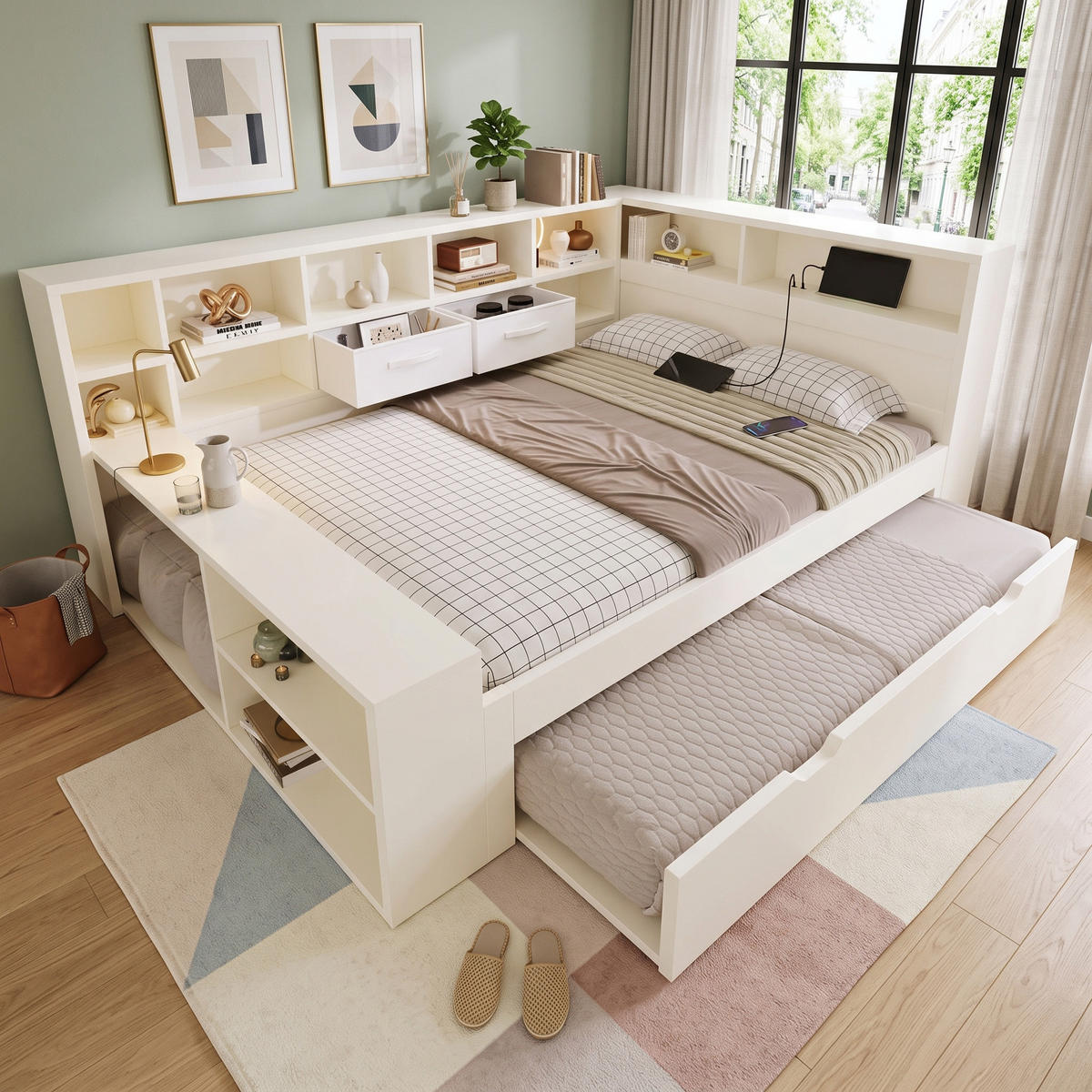BETT 140x200 Weiß mit Ausziehbett & 8 Fächern & Ladefunktion - Weiß, Holz (140/200cm) - Urban Meuble