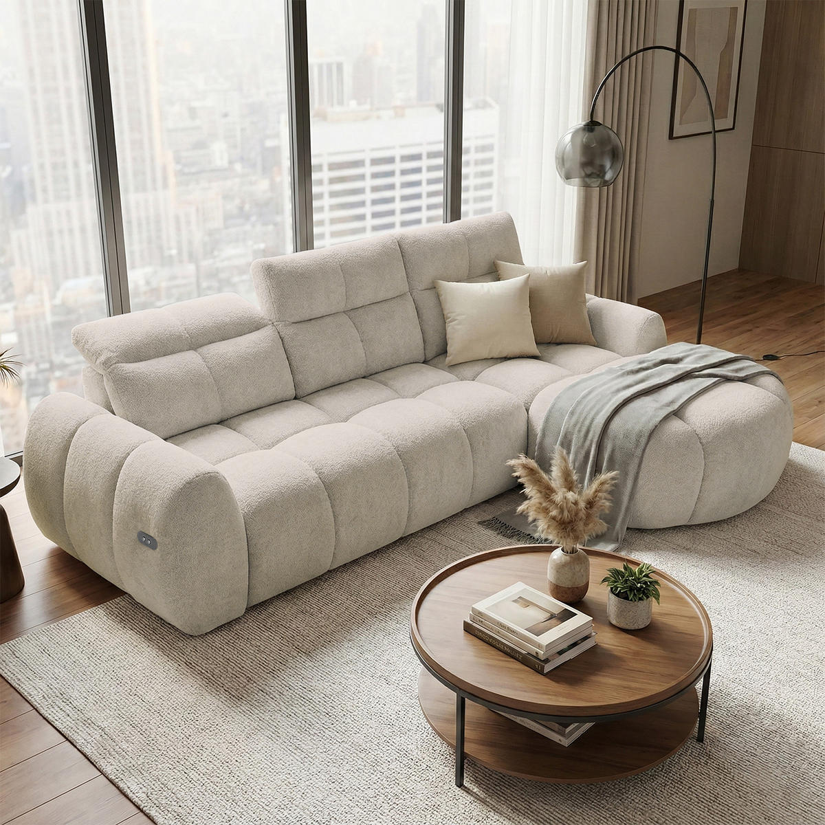 ECKSOFA Sorel Mini mit Automatisch verstellbarer Sitztiefe und Kopfstützen, rechts, Beige - Sandfarben, Textil (275/190cm) - Beautysofa