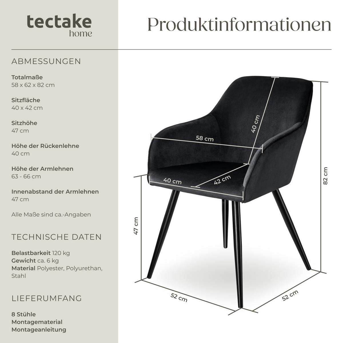 ESSZIMMERSTUHL 8er Set Marilyn 58 x 62 x 82 cm schwarz - Schwarz, Textil (58/82/62cm) - tectake