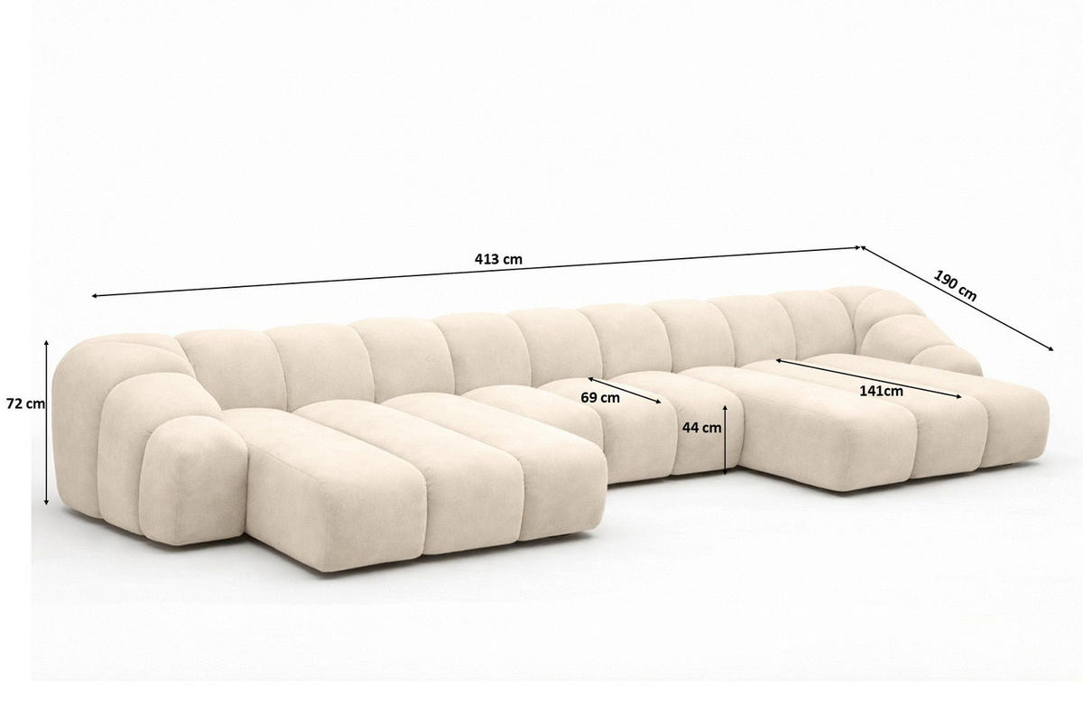 ECKSOFA Modulare U-Form, Veloursstoff Bluvel, Creme, CROISSANT U - Creme, Holz (413/72/190cm) - Kaiser Möbel