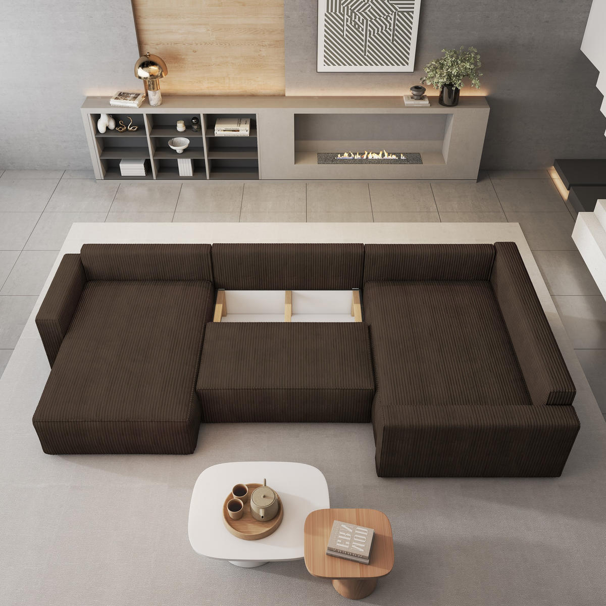 WOHNLANDSCHAFT VELAMI R-S Braun Kordstoff mit Schlaffunktion - Braun, Holz (365/83/194cm) - MASSENO