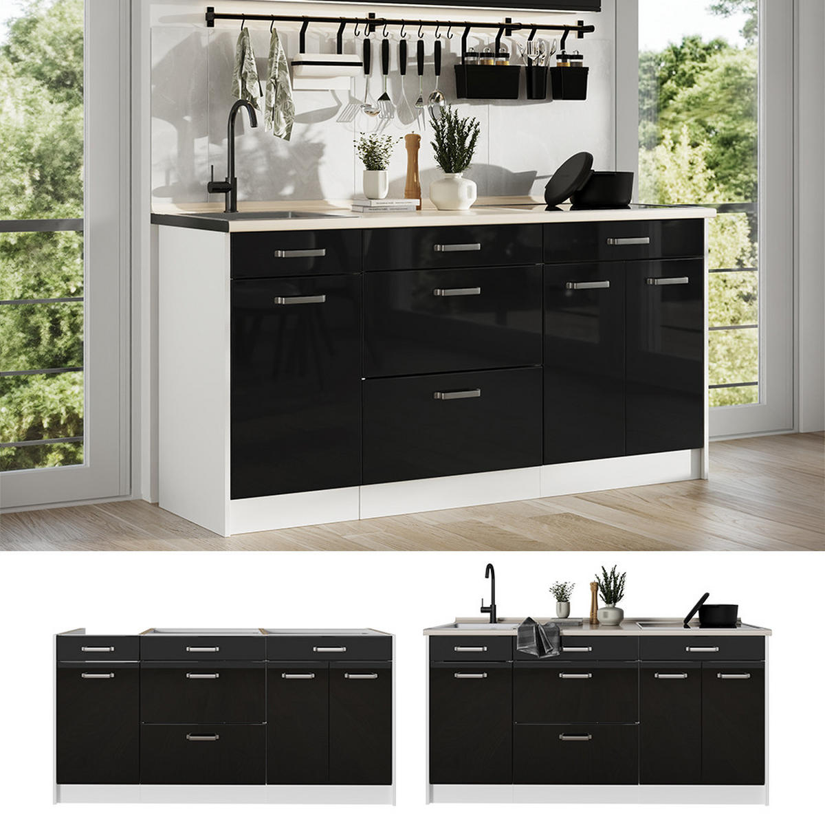 KÜCHENBLOCK R-Line, Schwarz Hochglanz/Weiß, 160 cm Arbeitsplatte Anthrazit - Schwarz Hochglanz/Weiß, Holzwerkstoff (160/81.6/60cm) - Vicco