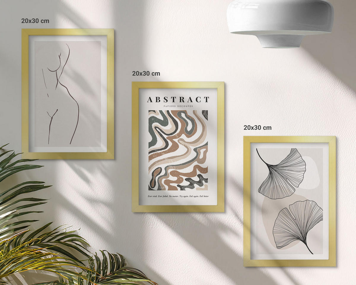 BILDER SET 3er Set - 20x30 cm Goldrahmen - Abstrakte Boho-Musterformen - Goldfarben, Kunststoff (20/30cm) - TULUP