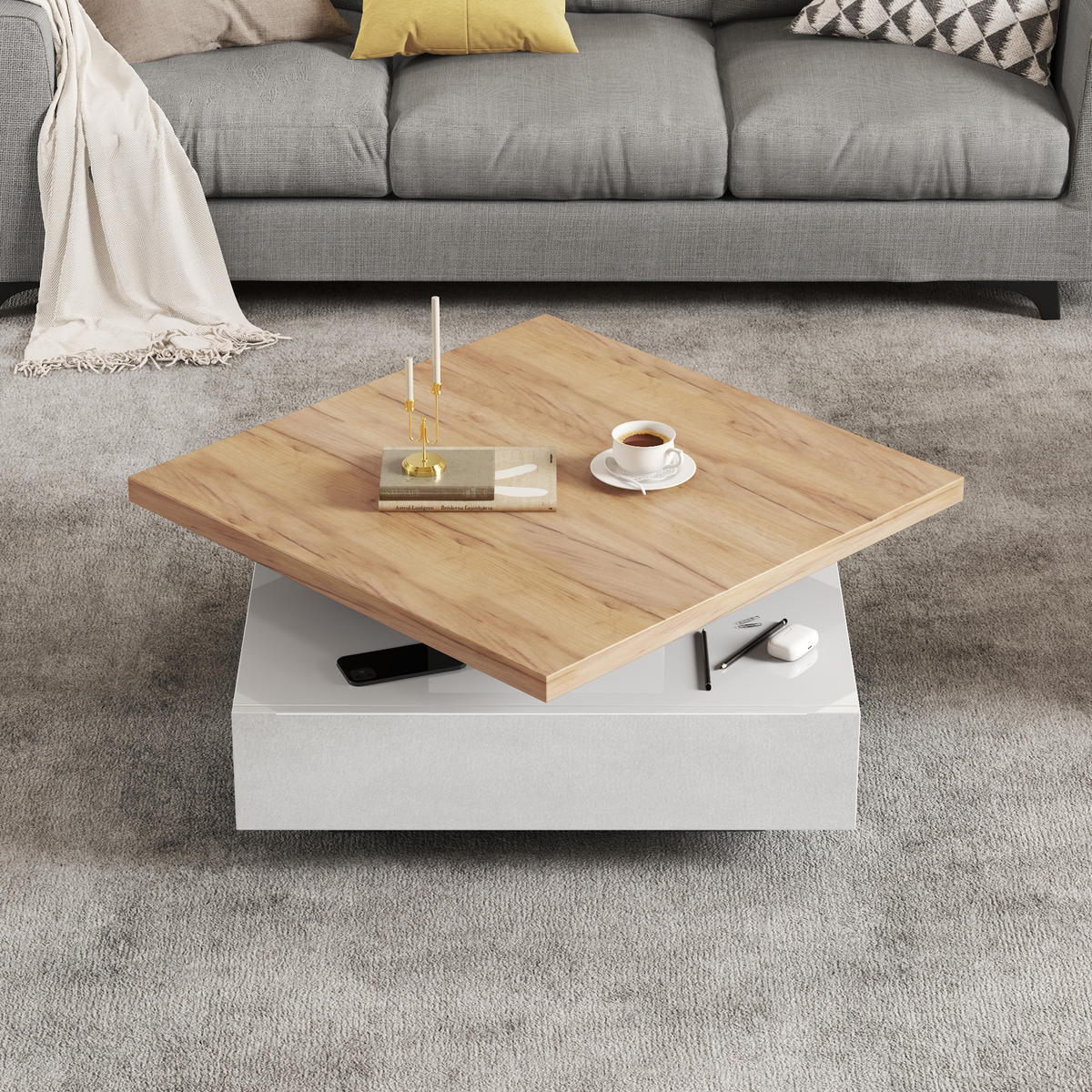 COUCHTISCH 360° drehbares Design mit Stauraum Walnuss/Weiß Hochglanz robuster Spanplatte versteckte Schublade - Walnussfarben/Weiß, Holzwerkstoff (70/70/36cm) - EVRYAE