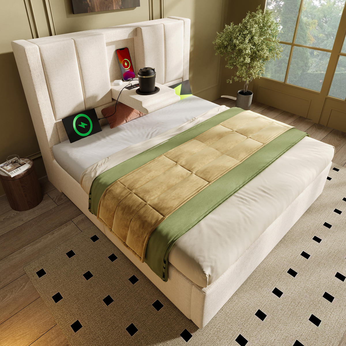 POLSTERBETT 90/200 cm Beige mit Stauraum und integrierter Ladestation mit Matratze aus Leinen - Beige, Textil (90/200cm) - OKWISH