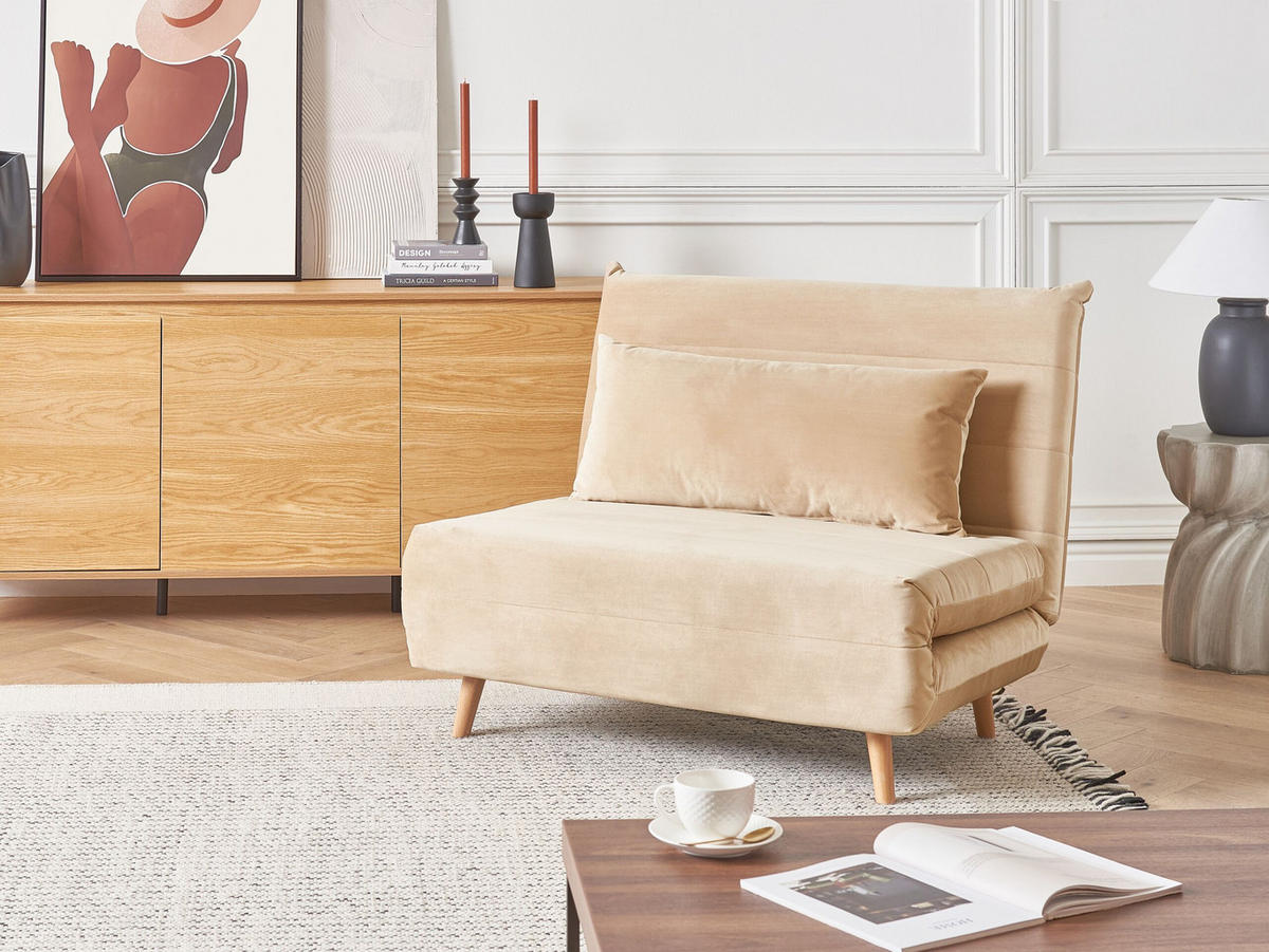 1-SITZER-SCHLAFSOFA Samtstoff Sandbeige Setten - Beige, Textil (104/82/190cm) - Beliani