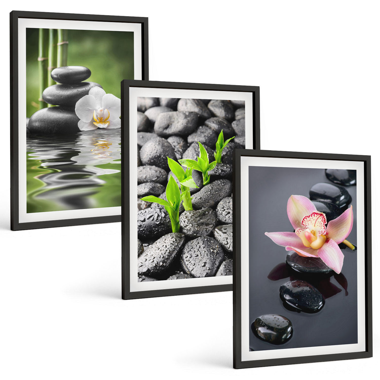 BILDER SET 3er Set - 40x60 cm Schwarzer Rahmen - Eine ruhige Zen-Komposition aus Blumen und Wasser - Schwarz, Kunststoff (40/60cm) - TULUP