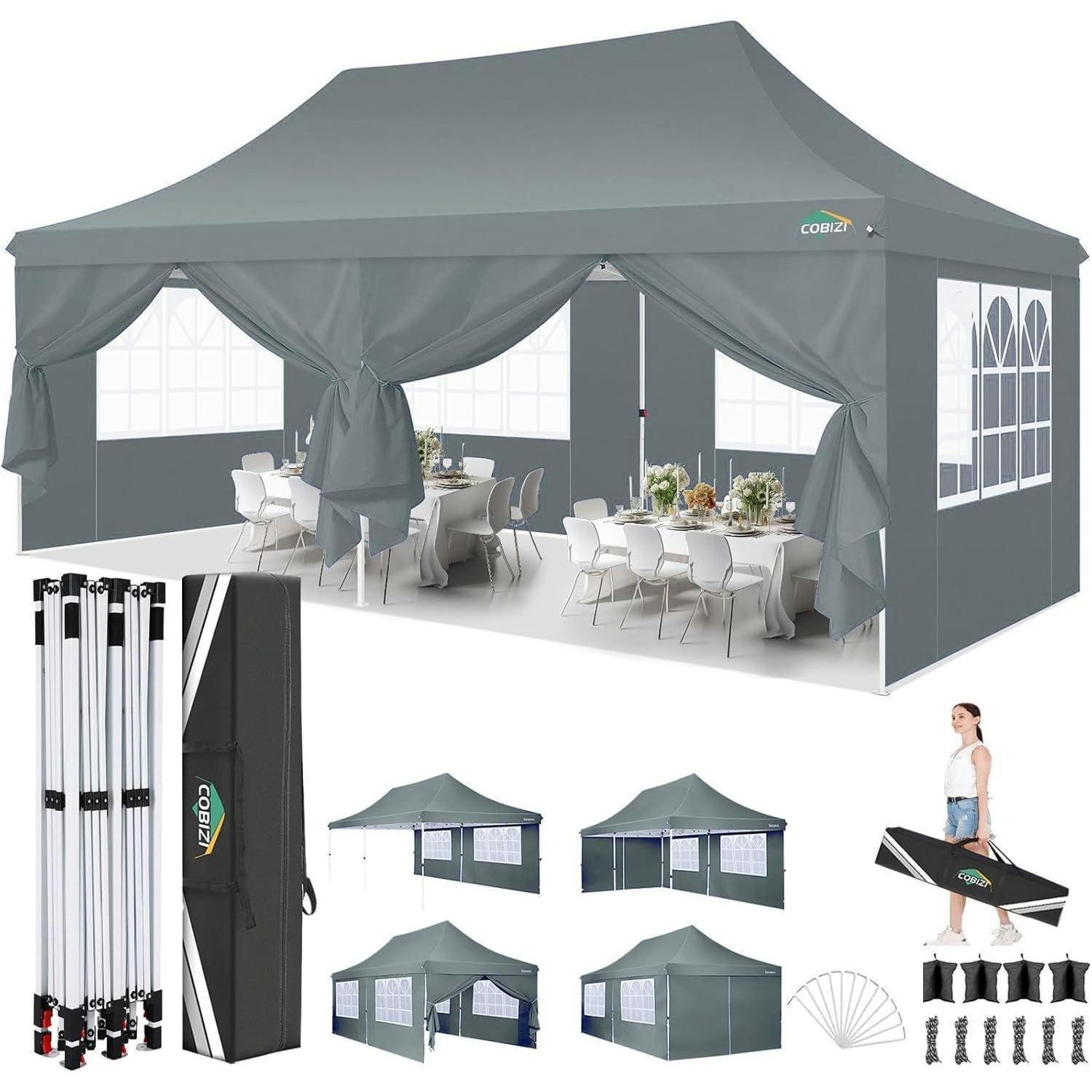 FALTPAVILLON 3x6m Wasserdicht mit 6 Seitenwänden Grau - Grau, Textil (304.8/304.8/609.6cm)