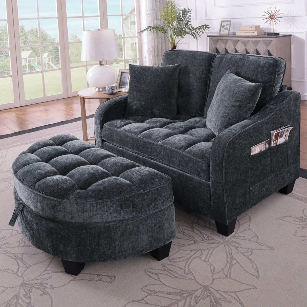 SCHLAFSOFA 2-in-1 mit Hocker und Stauraum, Schwarz - Schwarz, Holz (132/93/129cm)