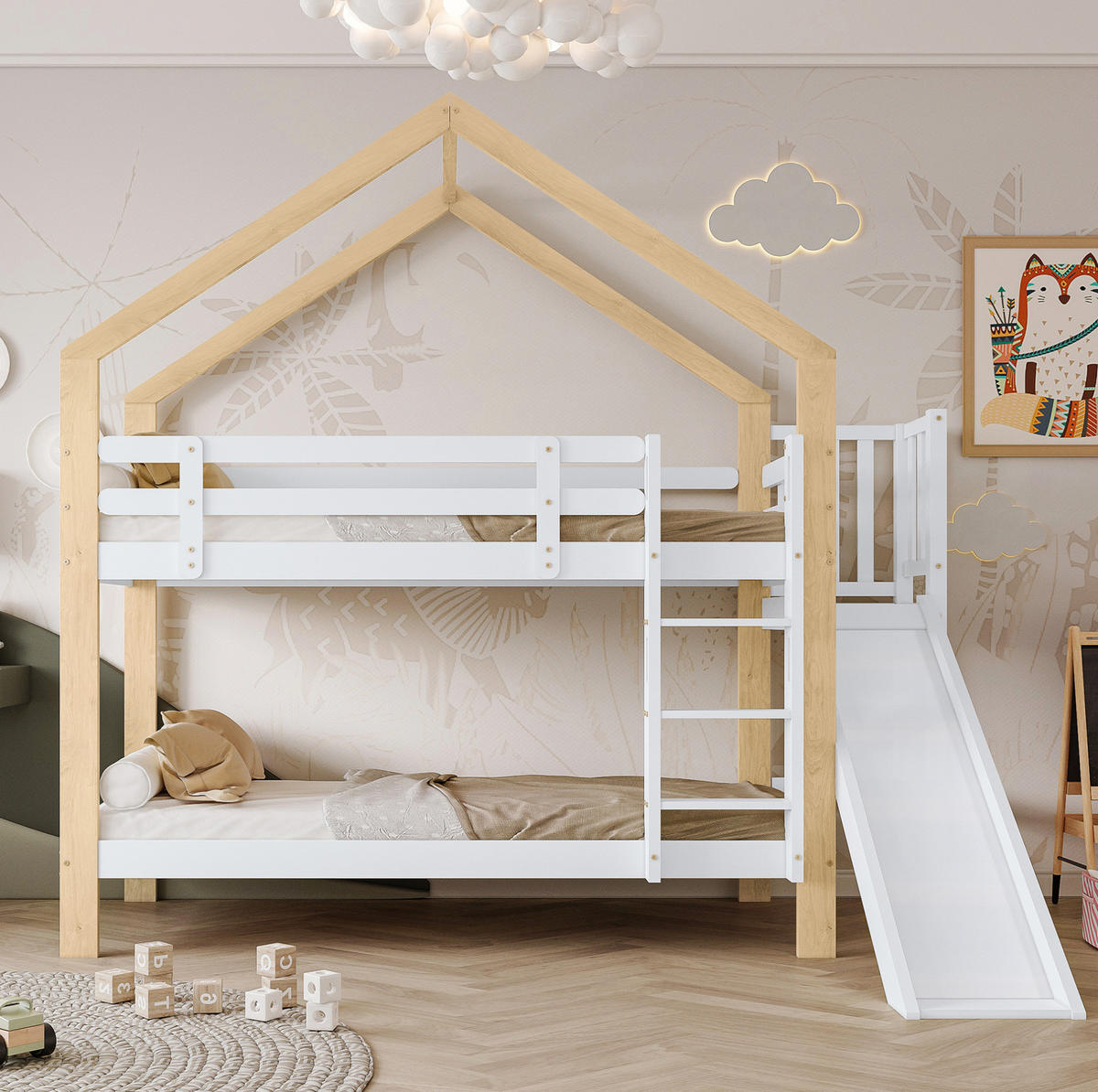 ETAGENBETT 90/200 cm mit Rutsche, Hausdach, Absturzsicherung und 3-stufiger Leiter aus Massivholz und MDF, Weiß/Natur - Weiß, Holzwerkstoff (90/200cm) - Redom