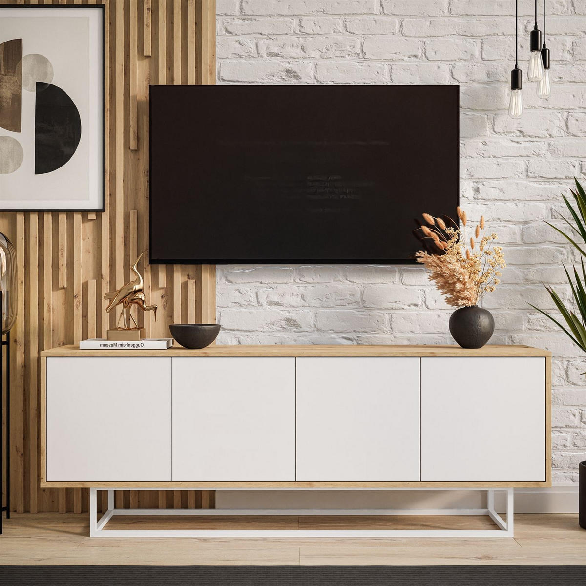 TV-ELEMENT SANAYI II Eiche Artisan/Weiß auf Metallgestell - Weiß, Holzwerkstoff (156/56/38cm) - Lookway