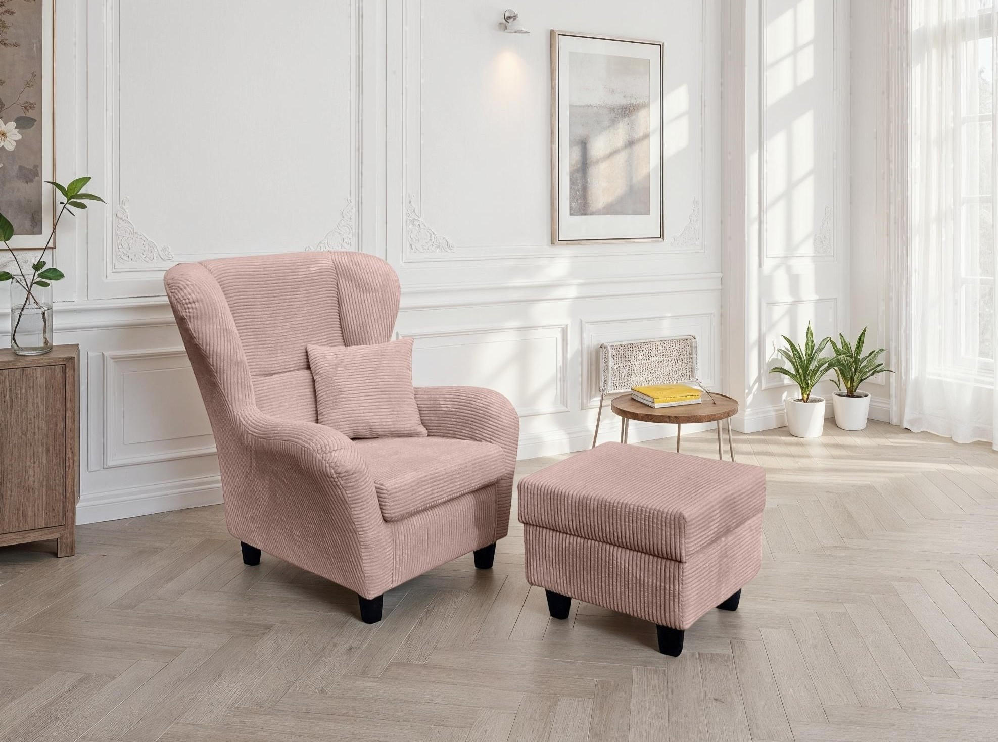 OHRENSESSEL mit HOCKER, hoher Sitzkomfort durch Wellenunterfederung B90/H98/T76 cm, Cord Rosa / 18021 - Schwarz/Rosa, Holz/Textil (90/98/76cm) - luma-home