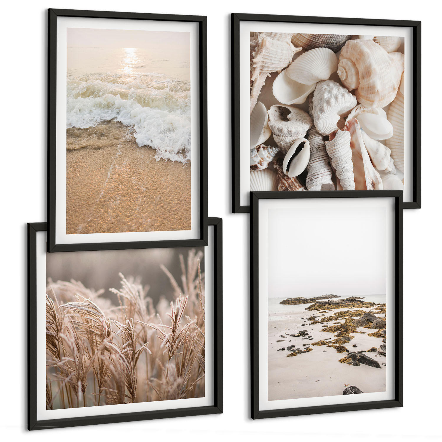 BILDER SET 4er Set - 50x50 cm & 40x60 cm Schwarzer Rahmen - Strandgras, Wellen, Steine, Boho-Stil - Schwarz, Kunststoff (50/50cm) - TULUP