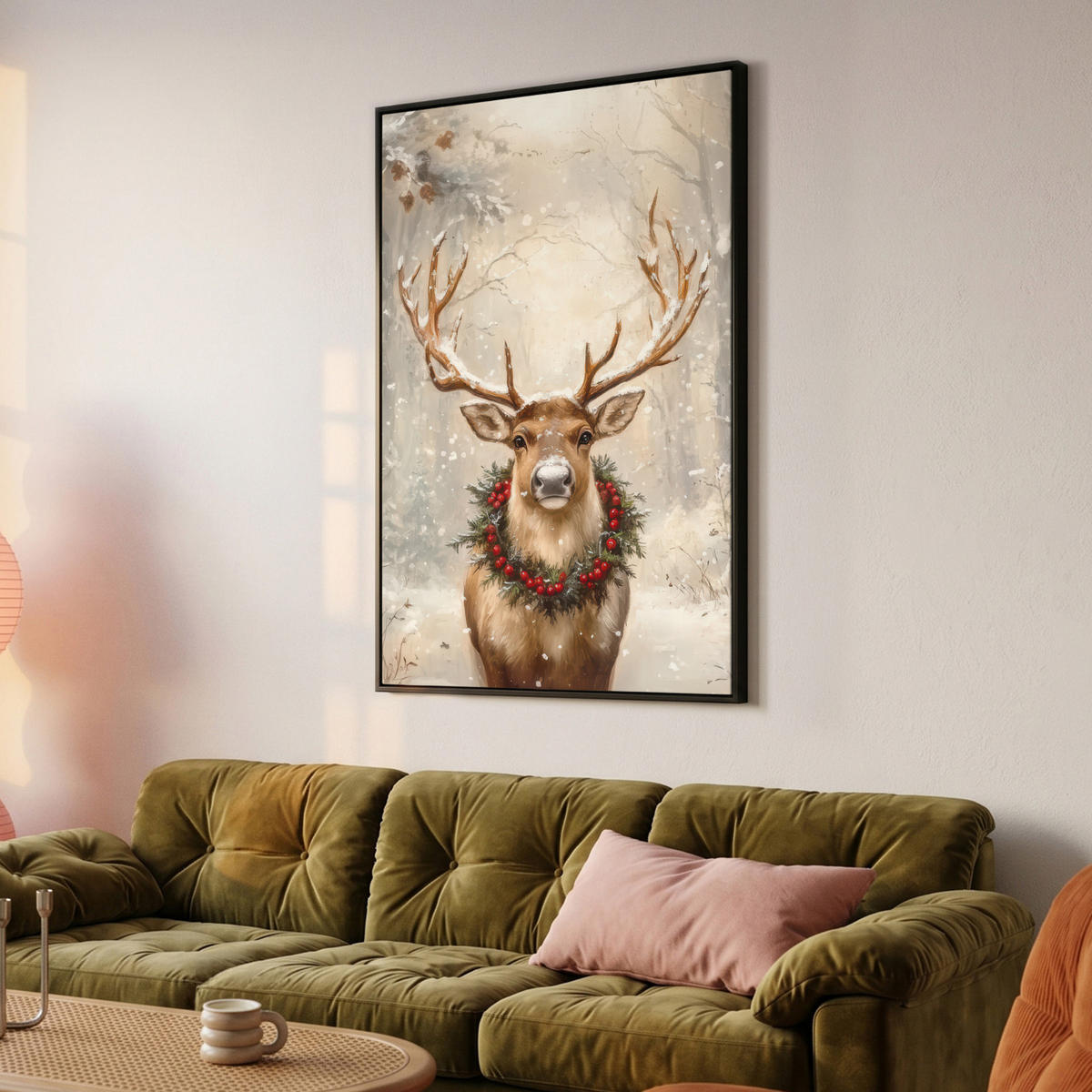 LEINWAND Bilder mit Rahmen - Weihnachten - Rentier - Winter - Kranz - 100x150 - Naturfarben, Textil (100/150cm) - MuchoWow