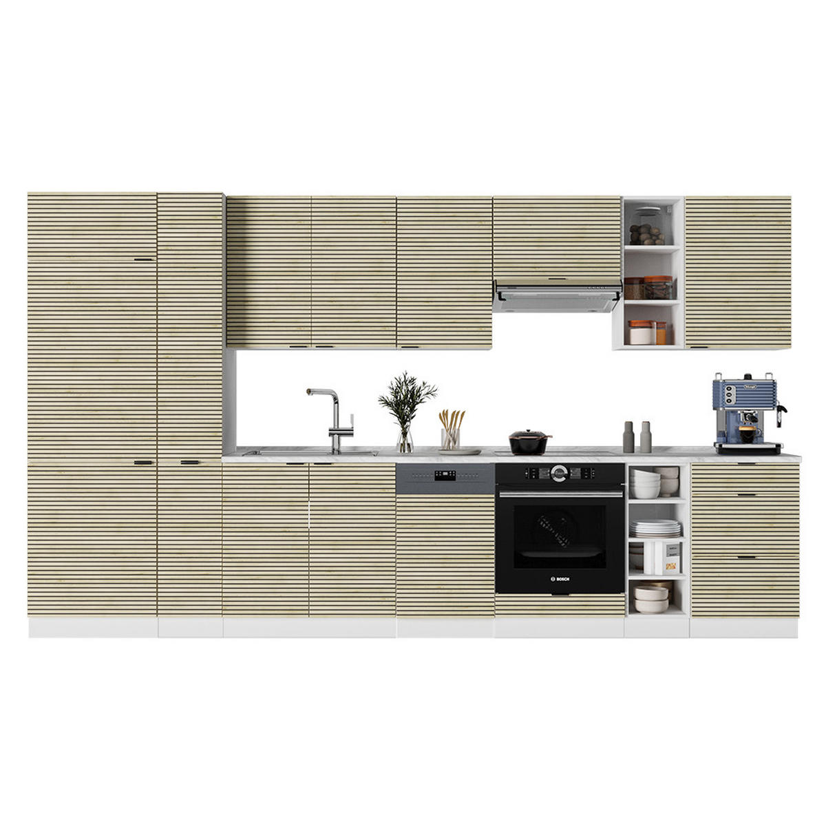 KÜCHENZEILE Fame-Line Eiche Paneel/Weiß 355 cm ohne Arbeitsplatte - Hellbraun/Weiß, Holzwerkstoff (355/81.6/46cm) - Vicco