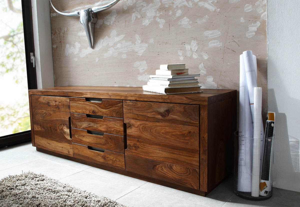 SIDEBOARD Sheesham 200x50x65 walnuss lackiert DUKE #116 - Dunkelbraun, Holz (200/65/50cm) - Massivmoebel24