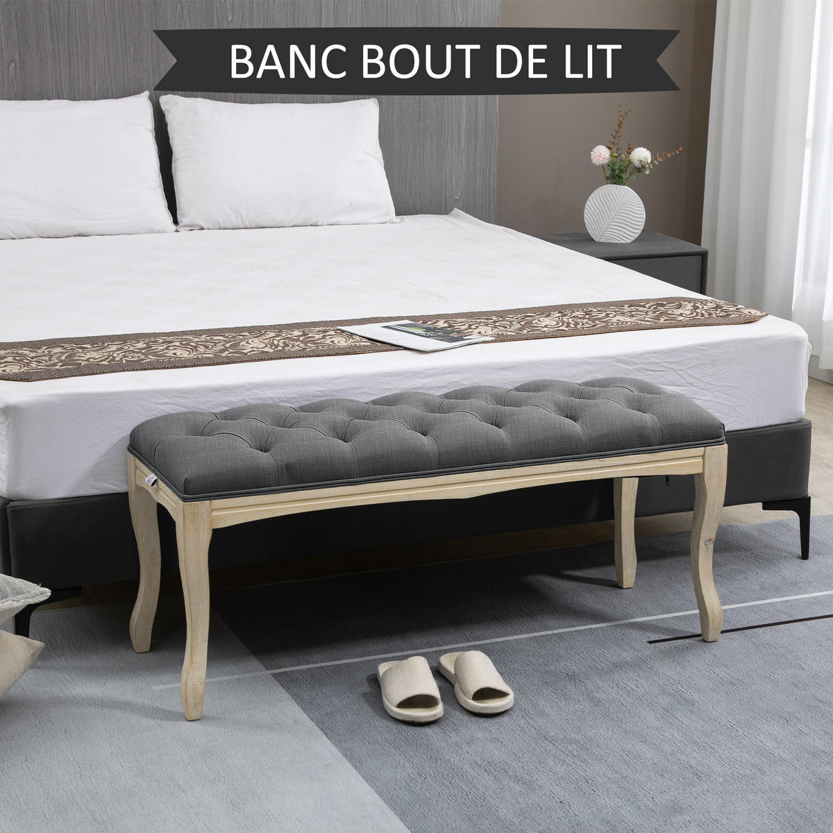 HOCKERBANK DE-12830 Knopfheftung, Leinenbezug Grau - Grau, Holzwerkstoff (101.6/121.92/279.4cm) - ComfortXL