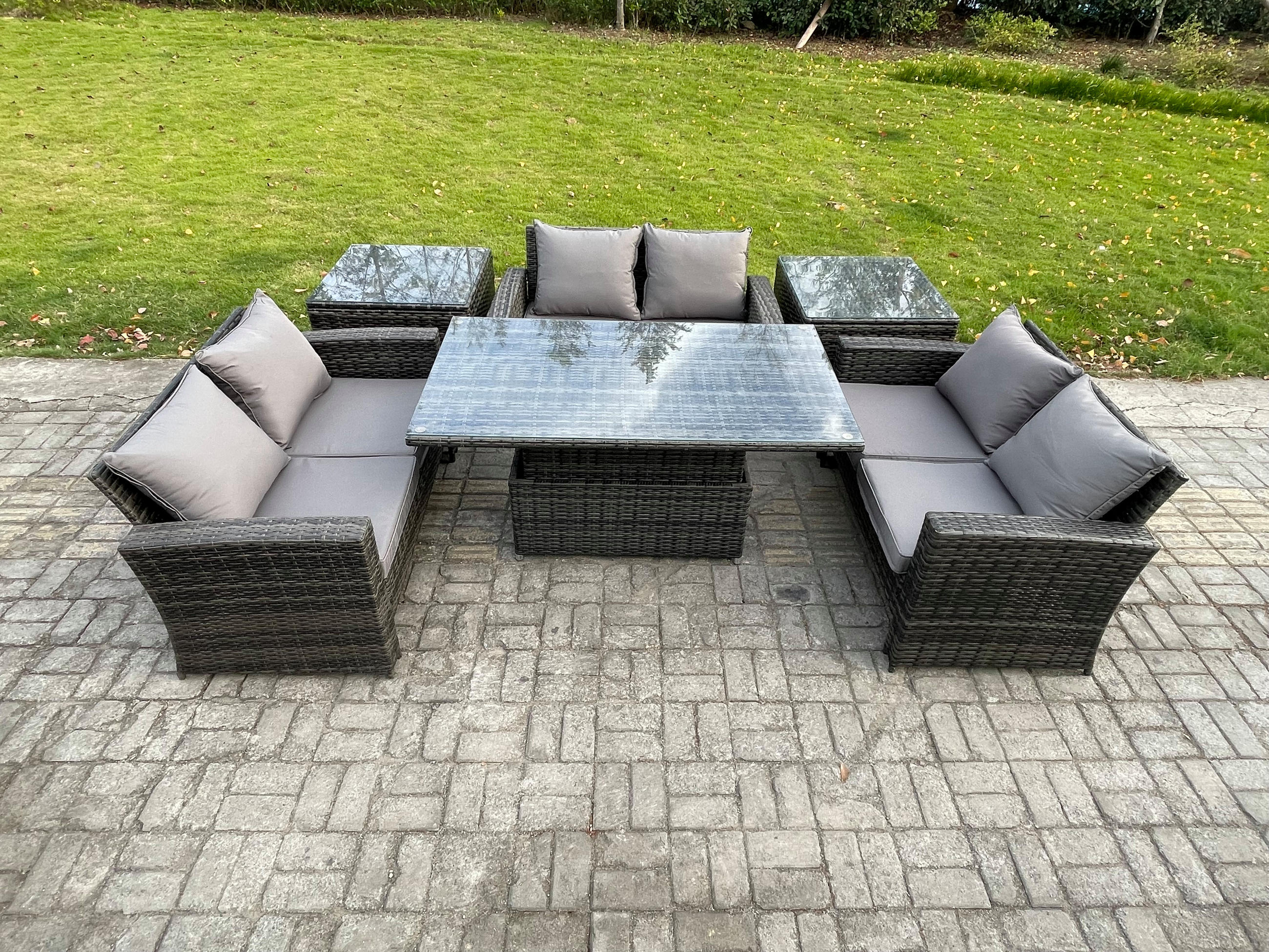 GARTENMÖBEL SET mit höhenverstellbarer Tisch Polyrattan Dunkelgrau 6-Sitzer - Dunkelgrau, Metall - Fimous