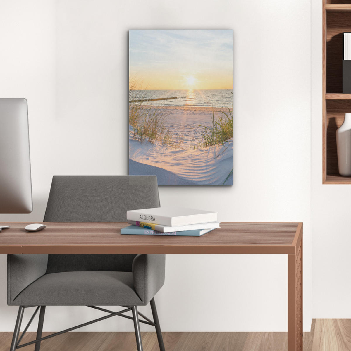 AKUSTIKBILD Strand - Sonne - Düne - Gras - Sand - Horizont Kunstdruck Schlafzimmer 50x70 cm - Hellblau, Kunststoff (50/70/0.9cm) - MuchoWow