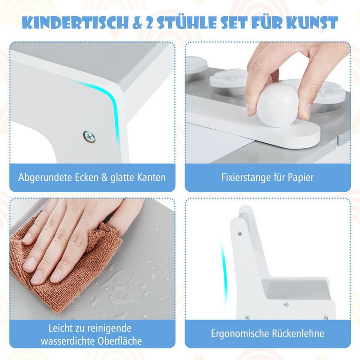 KINDERTISCH mit Stuhl grau(3-tlg) - Grau, Holzwerkstoff (109/55/60cm) - COSTWAY