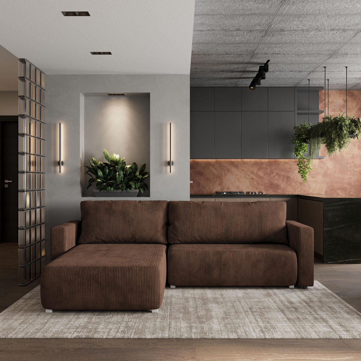 ECKSOFA TURIN P Braun Kordstoff mit Schlaffunktion - Braun, Holz (265/183cm) - MASSENO