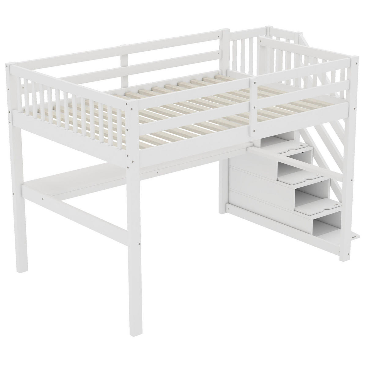 HOCHBETT 140/200 cm mit Stauraumschubladen, Schreibtisch und Regal aus Kiefer , Weiß - Weiß, Holzwerkstoff (140/200cm) - Redom