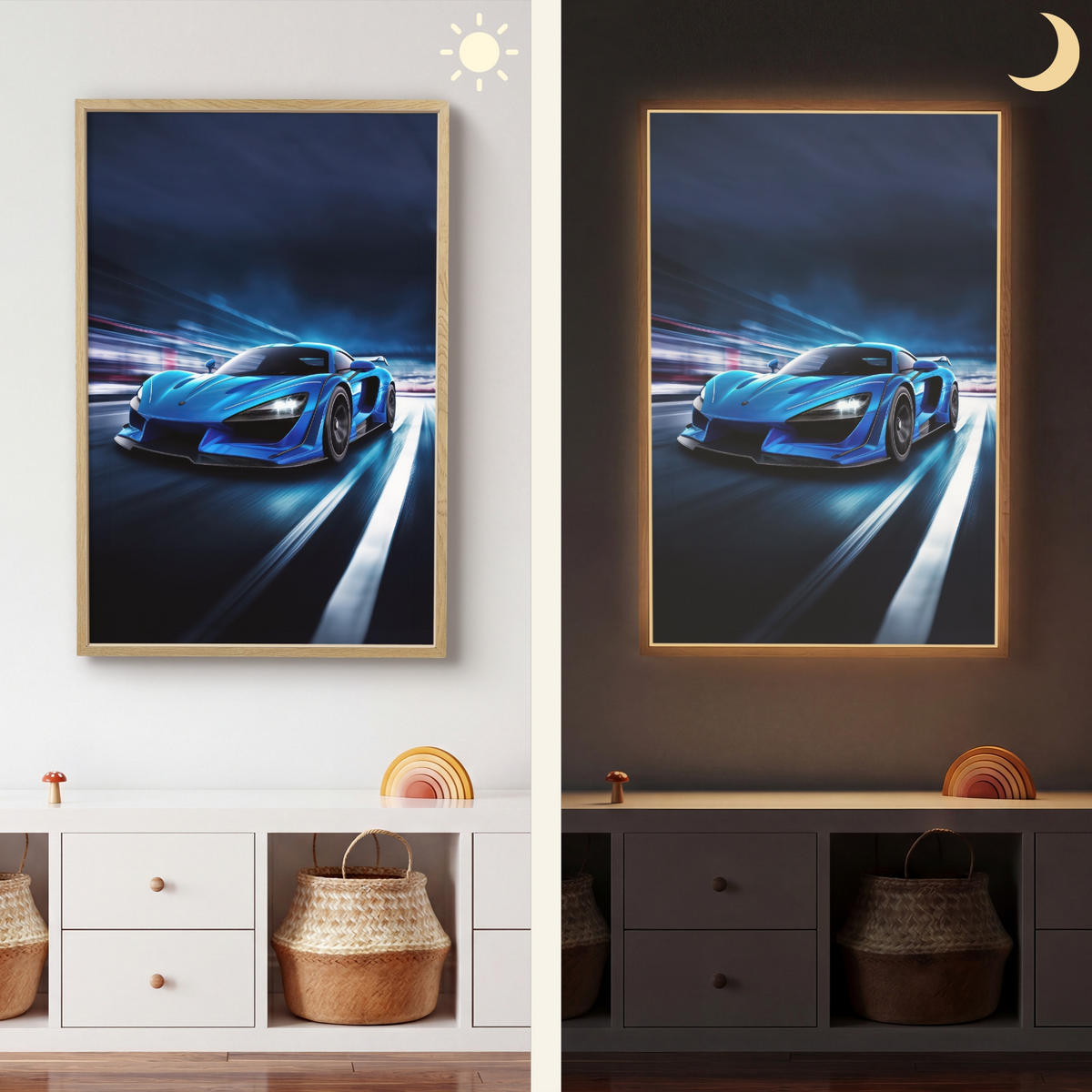 NÁSTĚNNÁ LAMPA S AKUMULÁTOREM Auto - Modrá - Chlapci - Dítě 60x90 cm - modrá, kompozitní dřevo (60/90/8cm) - OnlyWow