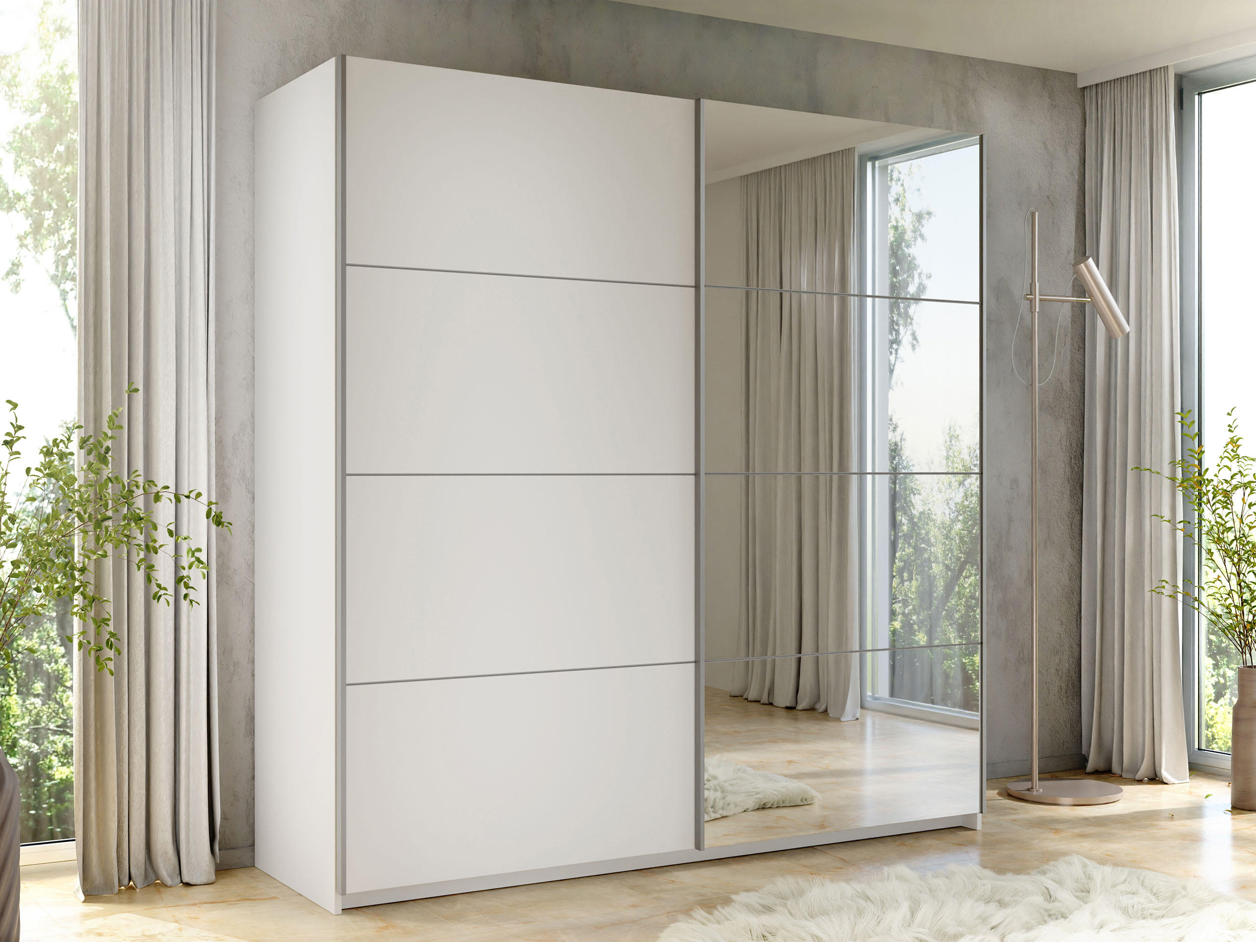 SCHIEBETÜRENSCHRANK Atalio 200 - Silberfarben/Weiß, Holzwerkstoff/Metall (200/215/60cm) - MIRJAN24