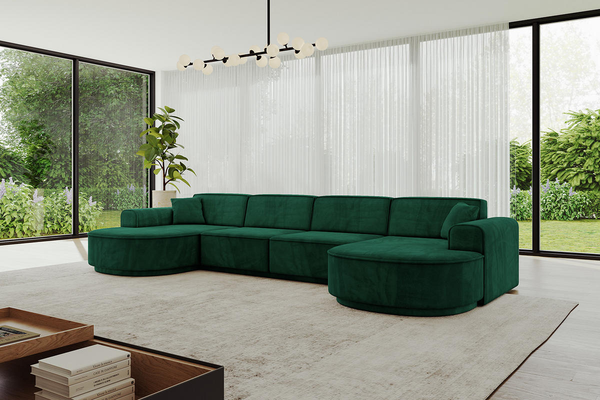 WOHNLANDSCHAFT MARI-U2-v3 - 388x171x83 cm Grün Velours - Schwarz/Grün, Holzwerkstoff/Kunststoff (388/83/171cm) - ALTDECOR