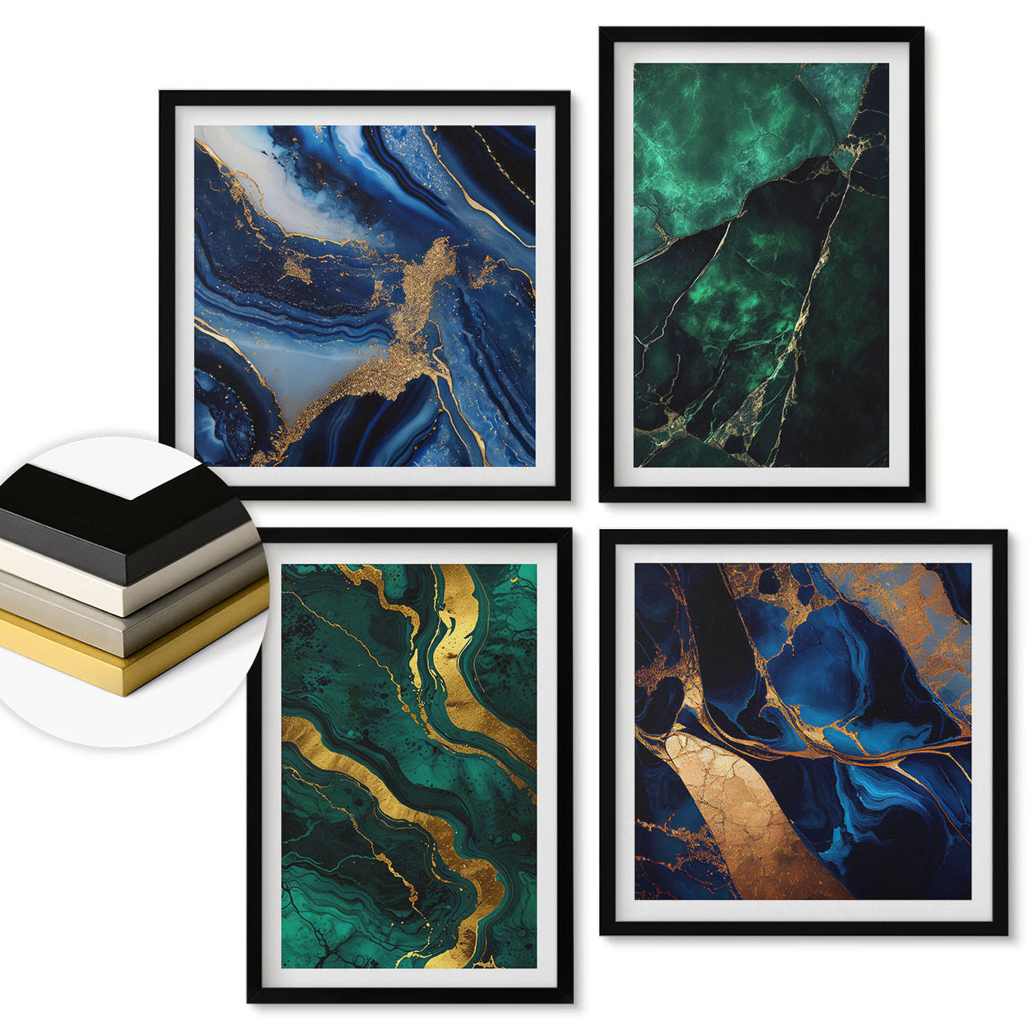 WANDBILDER 4er-Set - 50x50 cm & 40x60 cm Schwarzer Rahmen - Elegante Muster auf Steinen - Schwarz, Kunststoff (50/50cm) - ArtPrintCave