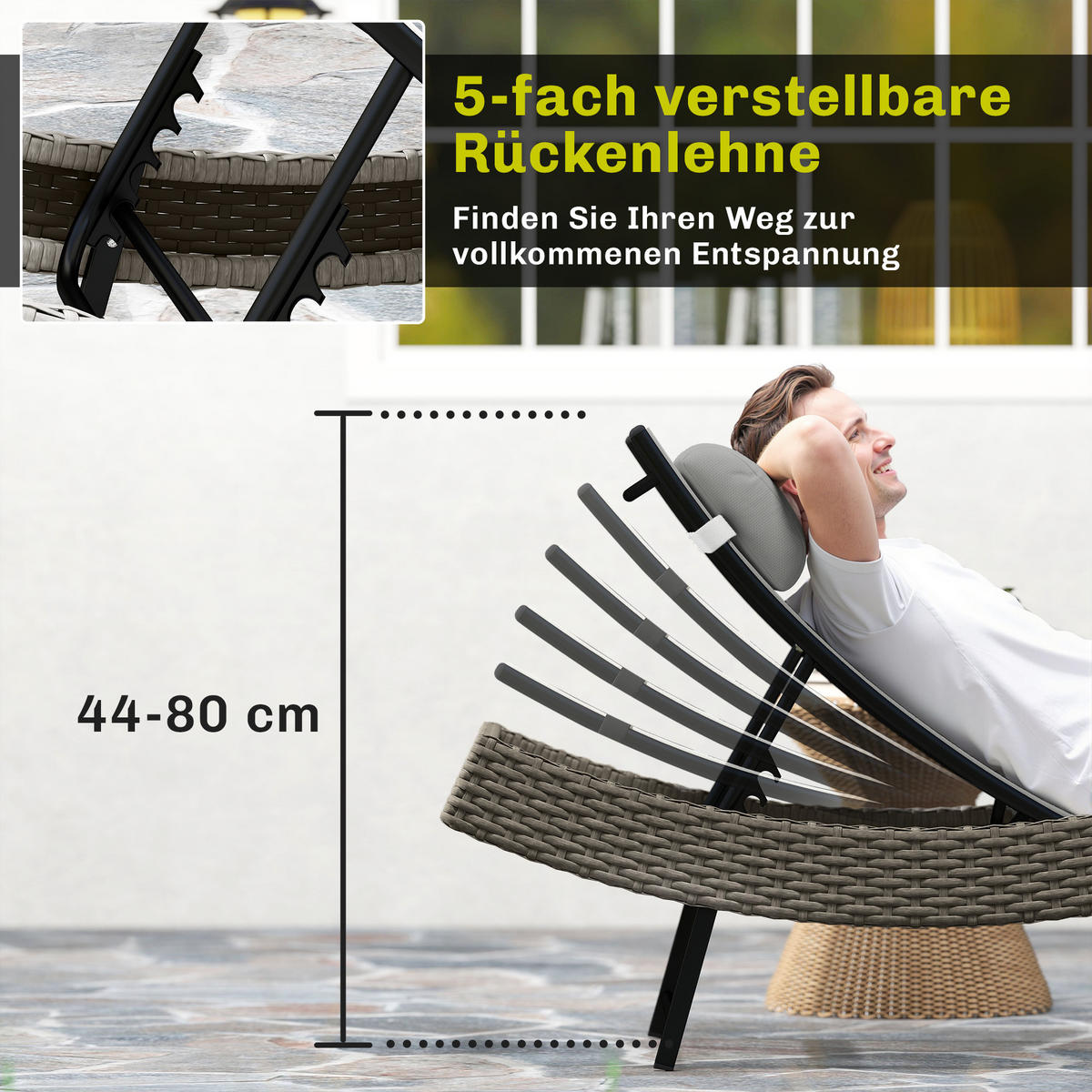 RATTAN-SONNENLIEGE PE-Rattan Metall Hellgrau - Hellgrau, Textil/Metall (61/44/198cm) - Outsunny