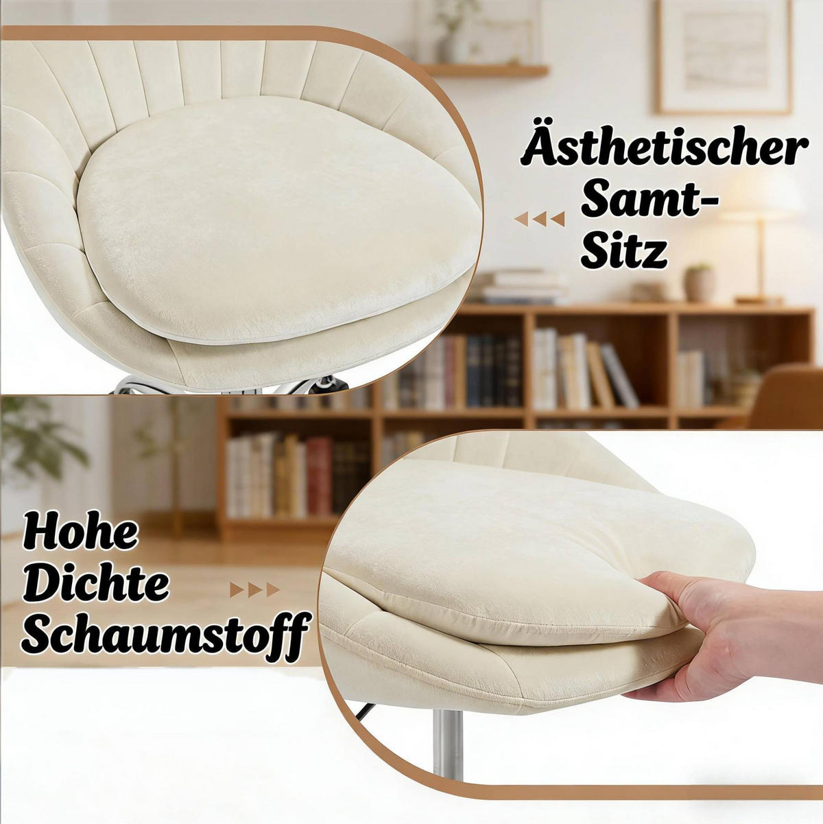 DREHSTUHL 52/52/72-82 cm beige aus Samt und Metall mit 360°-Drehfunktion - Beige, Metall (47.5/82/52cm) - OKWISH