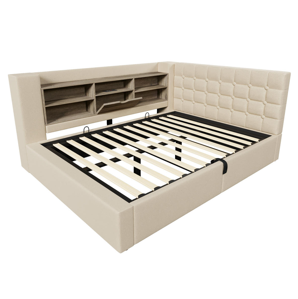 POLSTERBETT 140/200 cm mit LED-Beleuchtung, USB-Anschlüssen, hydraulischem Stauraum und flexiblem L-Kopfteil, Beige - Beige, Textil (140/200cm) - Redom