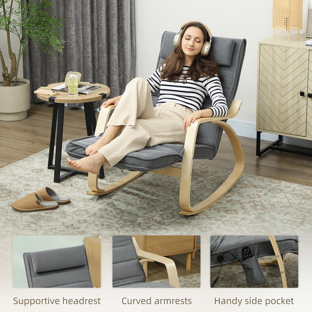 SCHAUKELSTUHL Schaukelsessel mit Massagefunktion, Kopfstütze, Fußstütze, Grau - Naturfarben/Grau, Holz/Textil (67/92/106cm) - HOMCOM