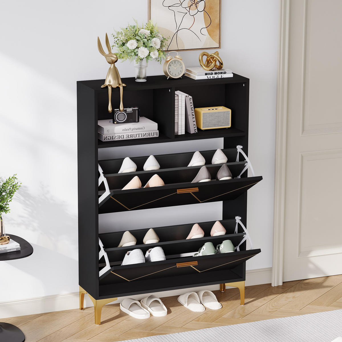 SCHUHSCHRANK 4 Klappen 8 Fächer MDF Metall Sideboard modern - Schwarz, Holzwerkstoff (25/117/160cm) - FLIEKS