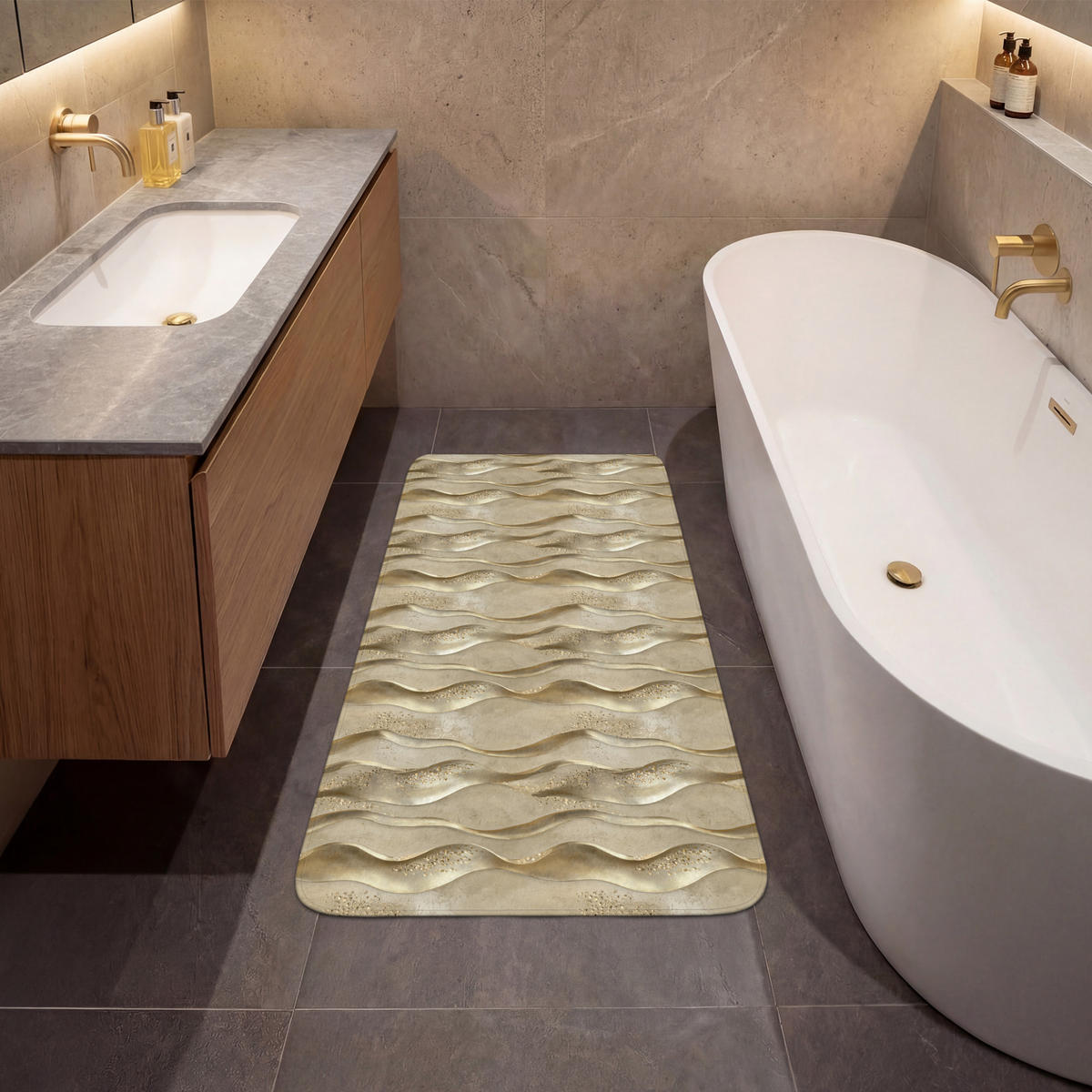 KOUPELNOVÁ PŘEDLOŽKA Vlny - vzor - zlaté 60x120 cm - barva mosazi, textil/plast (60/120cm)