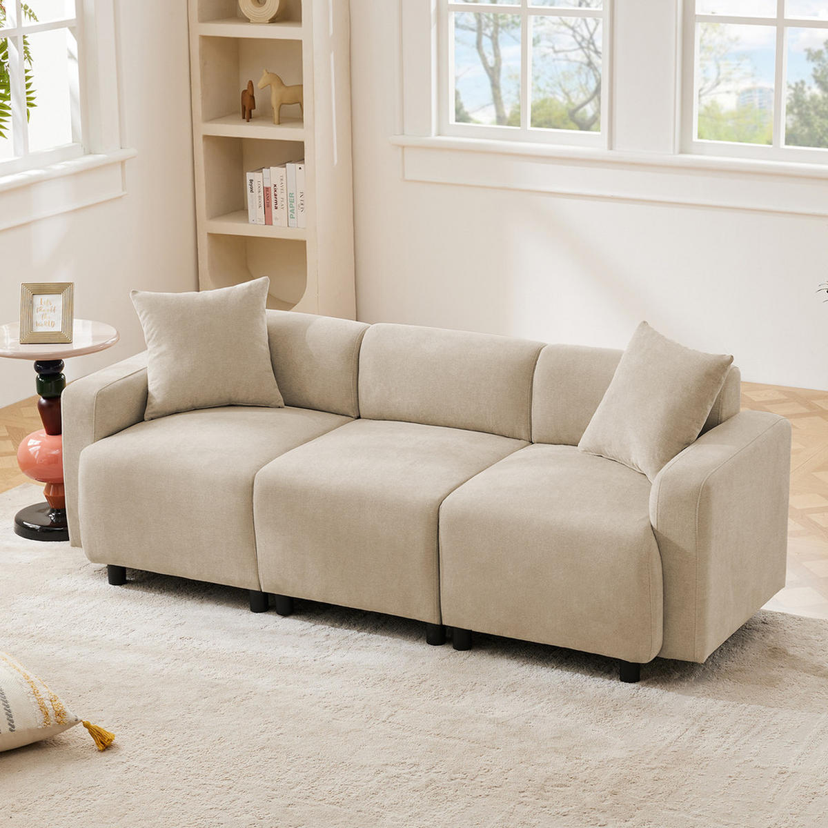 SOFA 3-Sitzer Modern mit Dekokissen Polster Beige - Beige, Holz (76.5/43/61cm) - FLIEKS