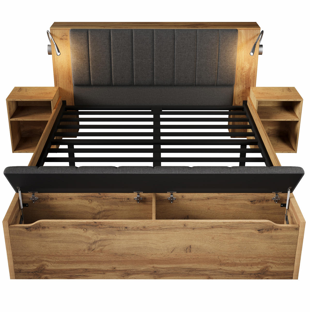 DOPPELBETT 160/200 cm mit Leselampen, USB-Anschluss, Nachttischen und Bettbank, Eiche - Eichefarben, Holzwerkstoff (160/200cm) - Redom
