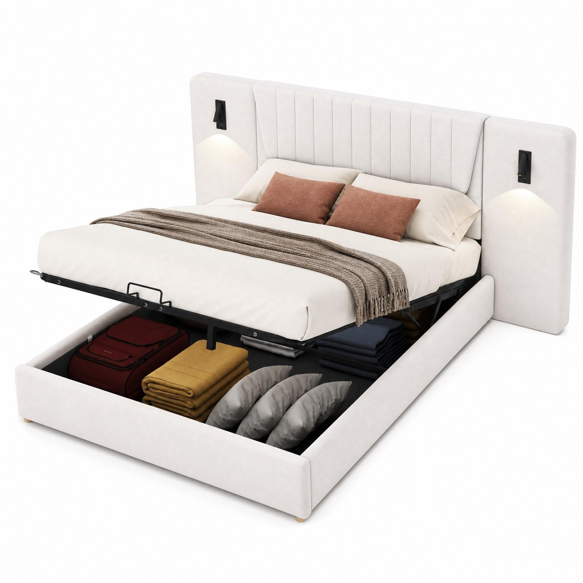 POLSTERBETT 180/200 cm in Beige mit LED, USB und Bettkasten Samt - Beige, Holzwerkstoff/Textil (180/200cm) - CHICFURN