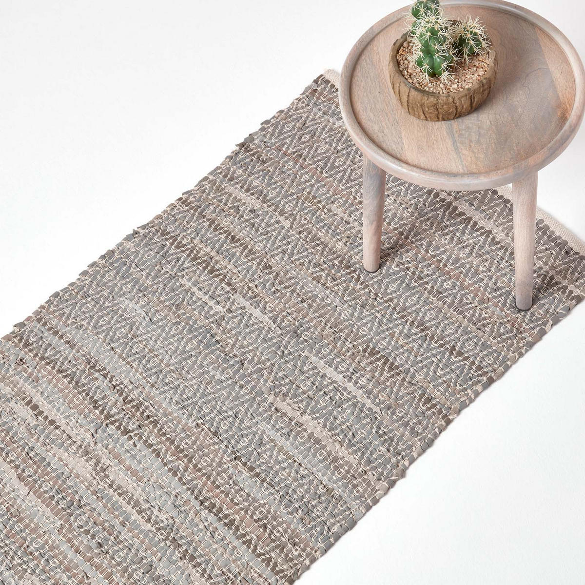 LEDERTEPPICH-LÄUFER gewebt mit Rautenmuster 66/200 cm - Grau, Leder (66/200cm) - Homescapes