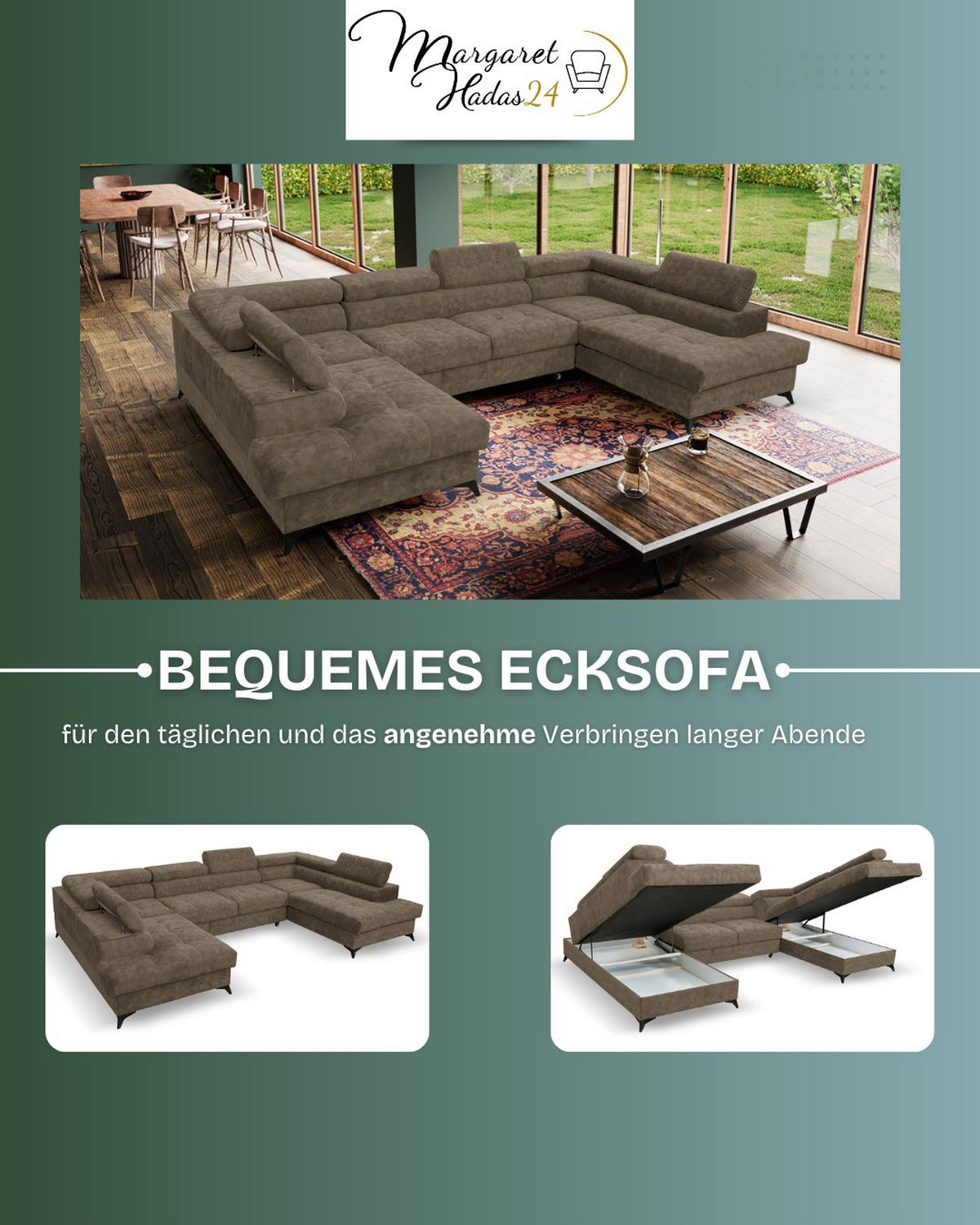 WOHNLANDSCHAFT Palermo in U-Form, braun, Stoff Sally, mit Schlaffunktion und zwei Bettkästen, 345 x 202 cm - Braun, Kunststoff (345/87/202cm) - Margaret Hadas24