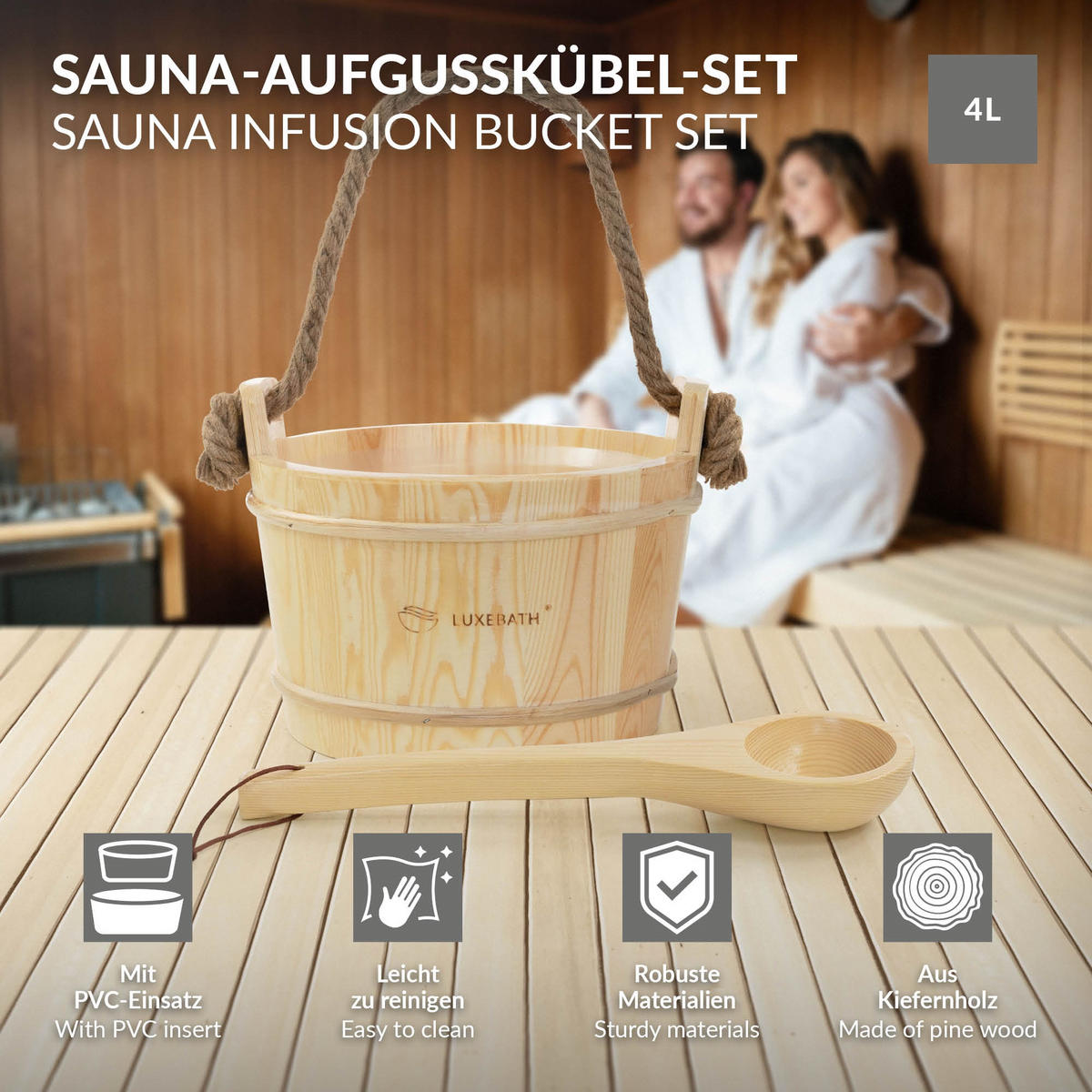 SAUNAZUBEHÖR-SET aus Kiefernholz mit Aufgusskübel und Schöpfkelle - Naturfarben, Holz (37/43/27.5cm) - LuxeBath