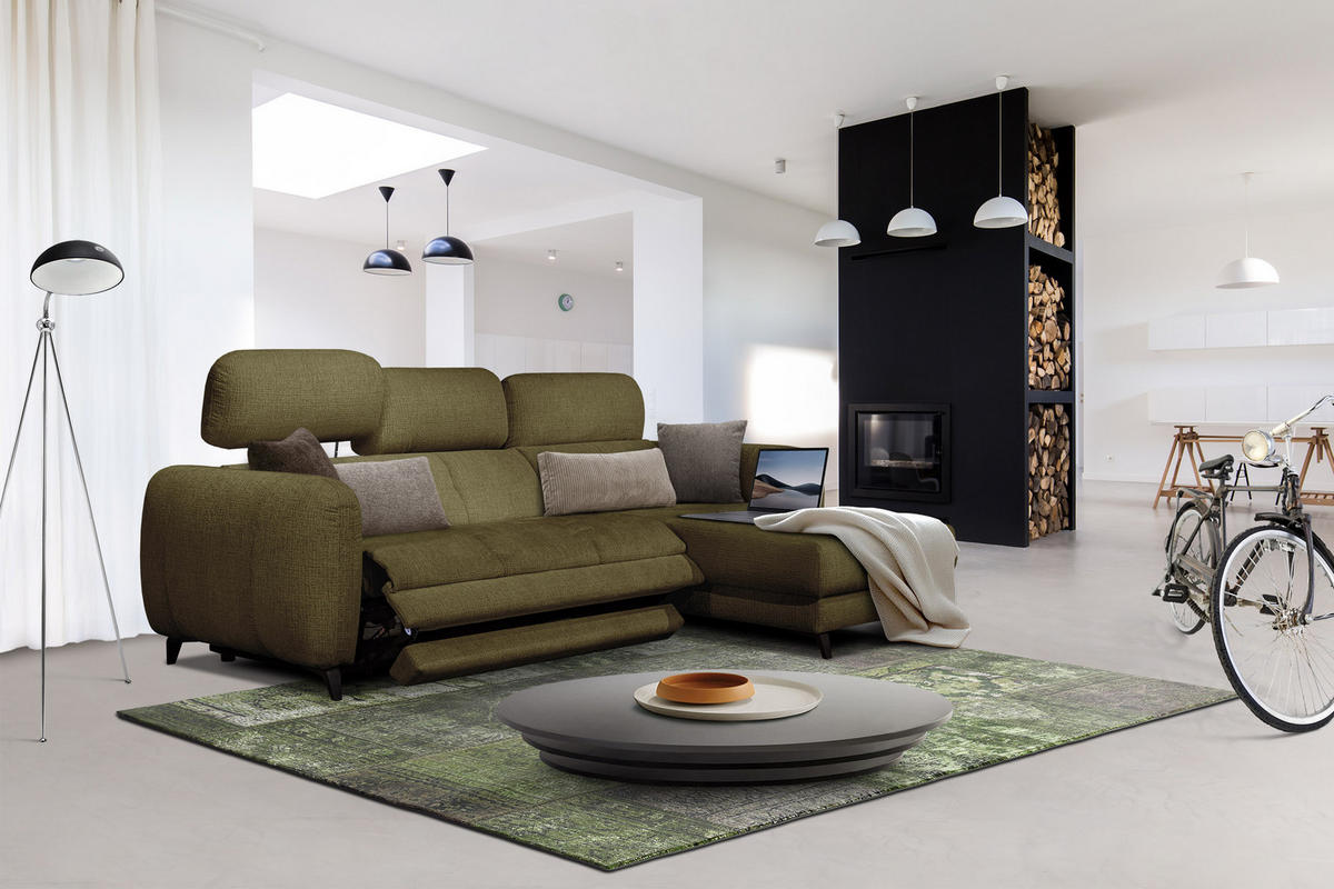 ECKSOFA SVEN 3-Sitzer, 1 Relax XL, verstellbare Kopfstützen, olivgrün - Schwarz/Olivgrün, Holzwerkstoff/Textil (256/163cm) - Courtois Laville