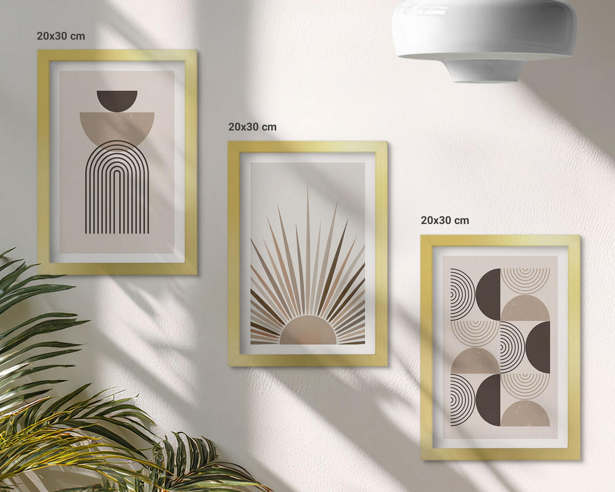 WANDBILDER 3er Set - 20x30 cm Goldrahmen - Abstrakte Formen beige braun - Goldfarben, Kunststoff (20/30cm) - ArtPrintCave