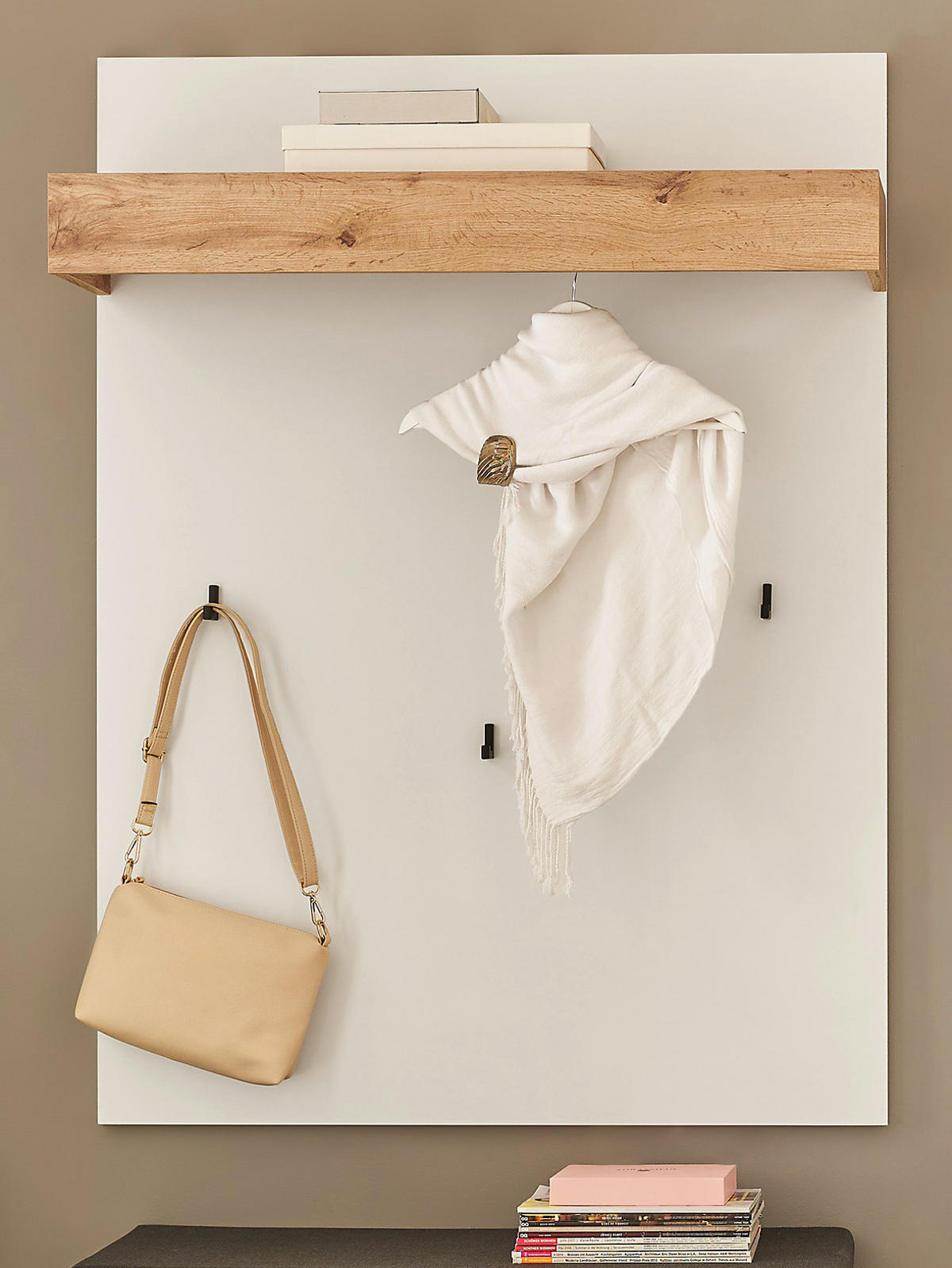 GARDEROBENPANEEL weiß, Eiche Wotan 100 cm, Wandgarderobe mit Kleiderstange - Weiß, Holzwerkstoff/Metall (100/135/25cm) - Furn.Design