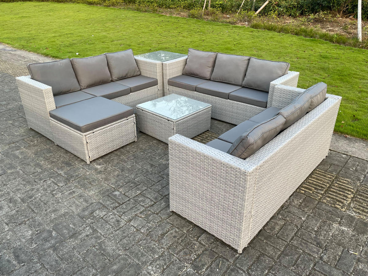 GARTENMÖBEL SET Polyrattan Helles Grau 10-Sitzer - Hellgrau, Metall - Fimous